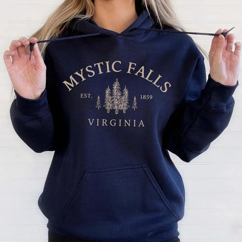 Sweat Mystic Falls Virginia – Hoodie Unisexe à Col Rond pour Fans de Vampires